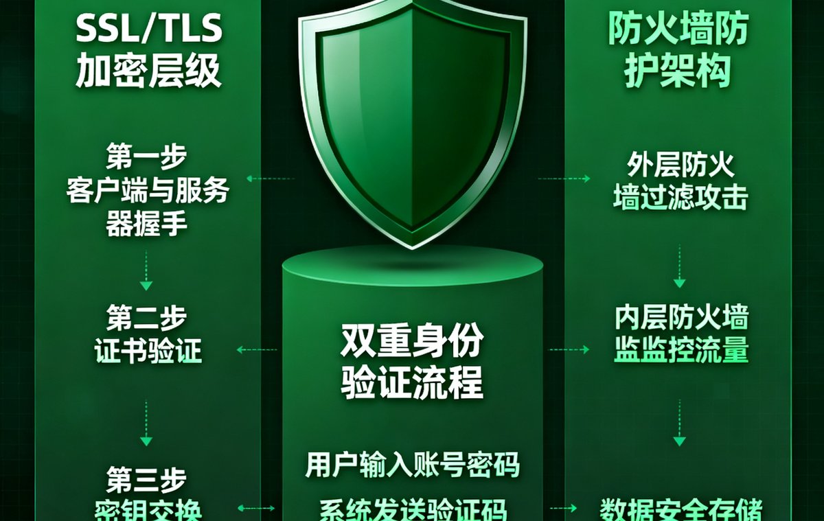 MK体育安全加密技术示意图，展示SSL/TLS加密层级、双重身份验证流程、防火墙防护架构，图标以绿色盾牌为核心元素